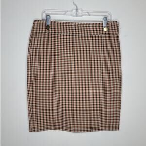 Ann Taylor Factory brown gingham plaid pencil skirt with gold buttons - 10